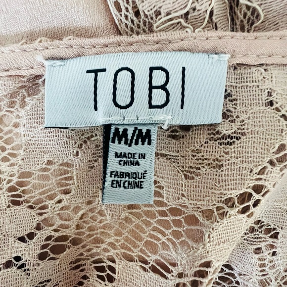 TOBI Blush Pink Nude Lace Scallop Plunge Chiffon Mini Dress Bell Sleeve … - Picture 15 of 16